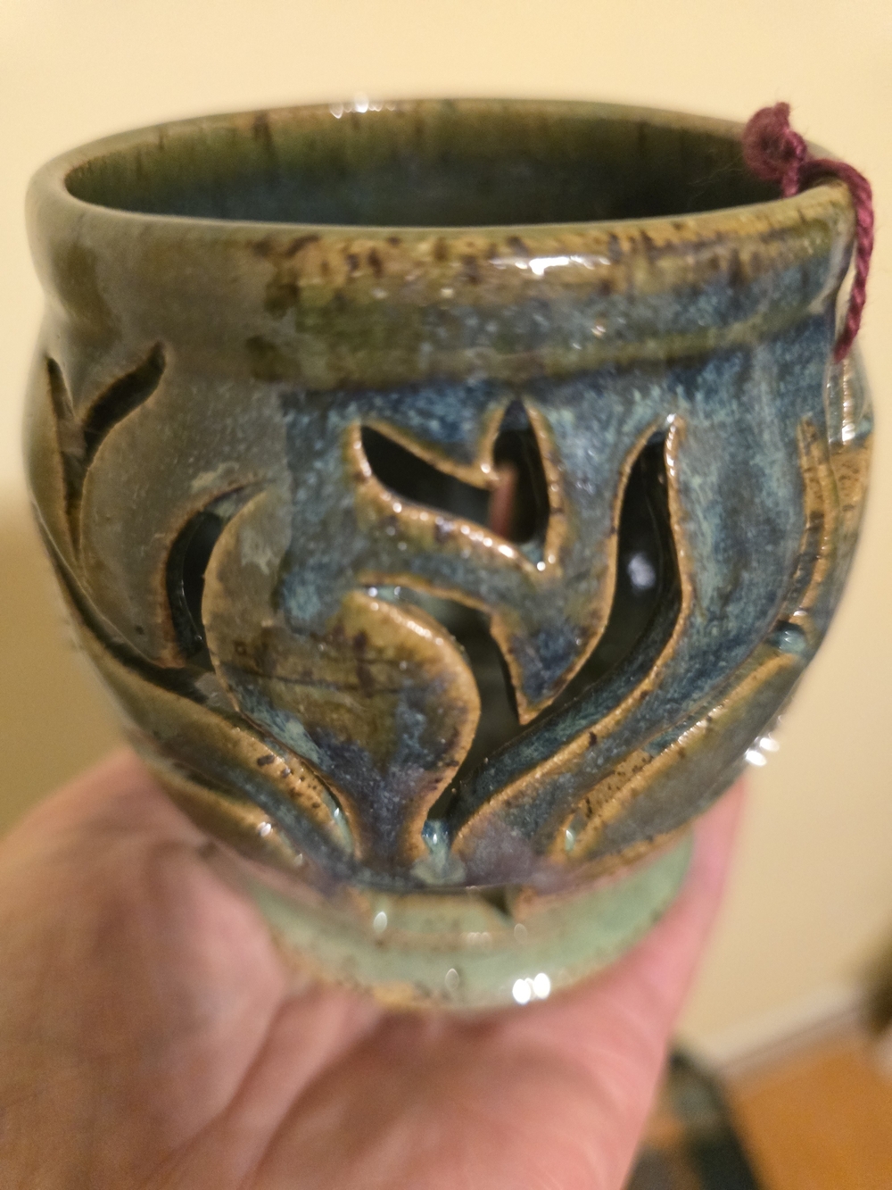 Green-Blue Glazed Ceramic Luminary with Leaf Motif - Home Art